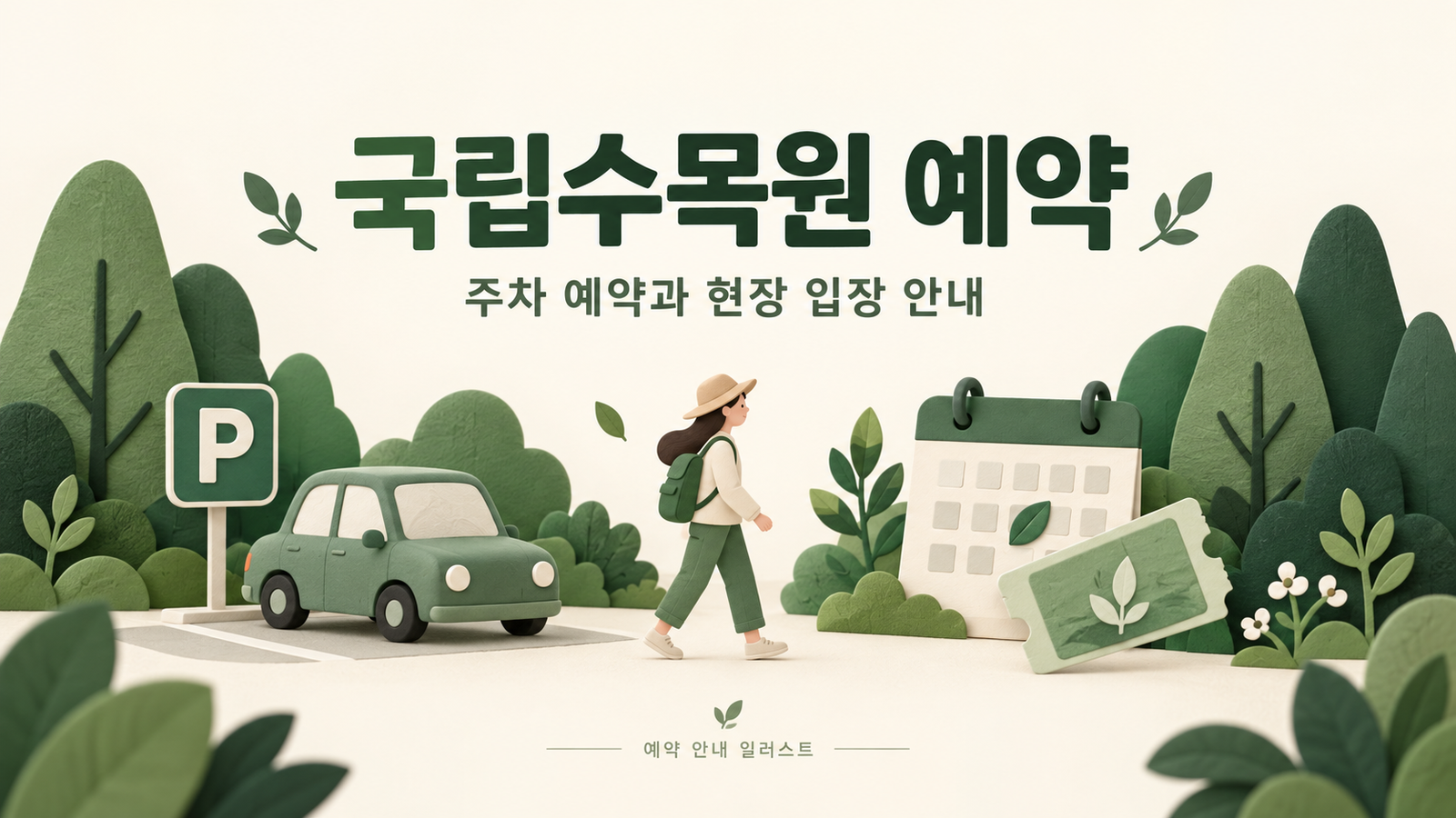 차량 주차와 도보 방문, 달력을 그린 국립수목원 예약 안내 일러스트